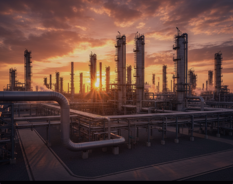 Instalación industrial de Oil & Gas al atardecer